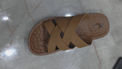 Men's X-tooch Classic Brown Leather Criss-Cross Comfort Slides