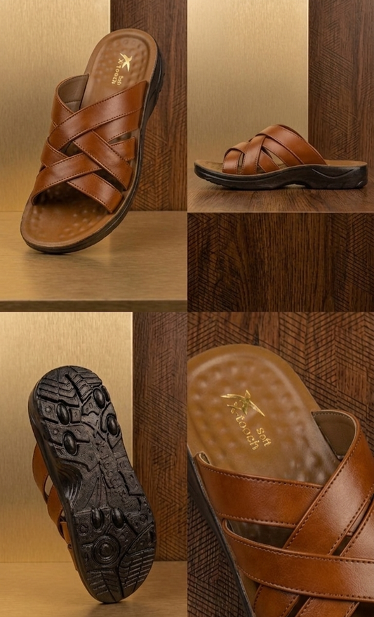 Men's X-tooch Classic Brown Leather Criss-Cross Comfort Slides